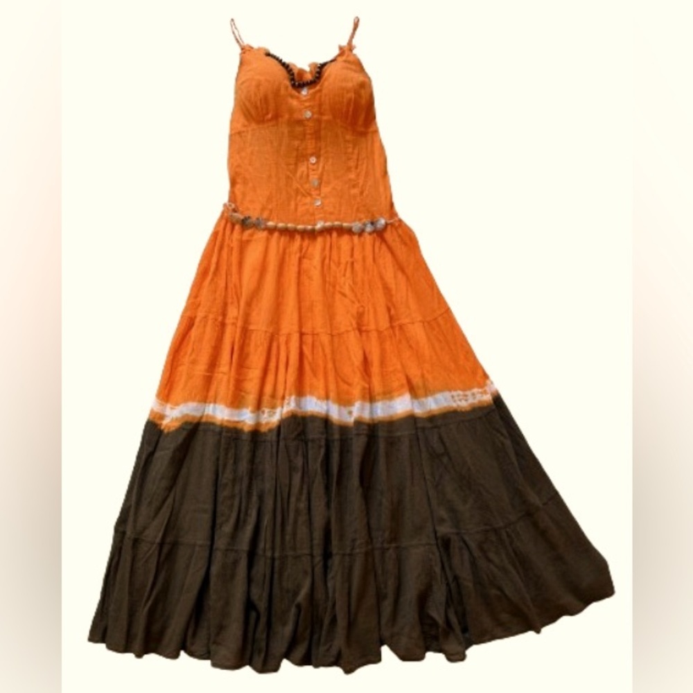 Women’s Summer Maxi Orange Sundress with wooden beads. Size S